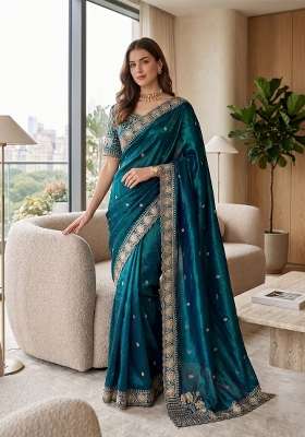 Teal Blue Butta Work Satin Saree Set