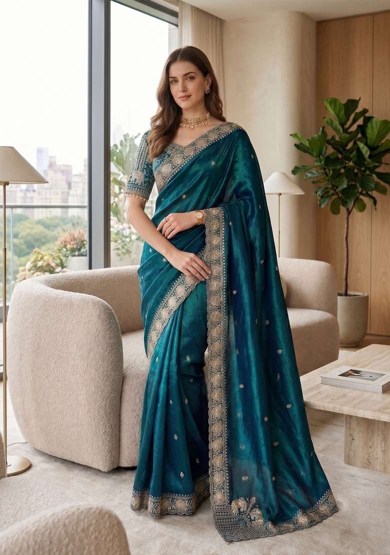 Teal Blue Butta Work Satin Saree Set - Indya