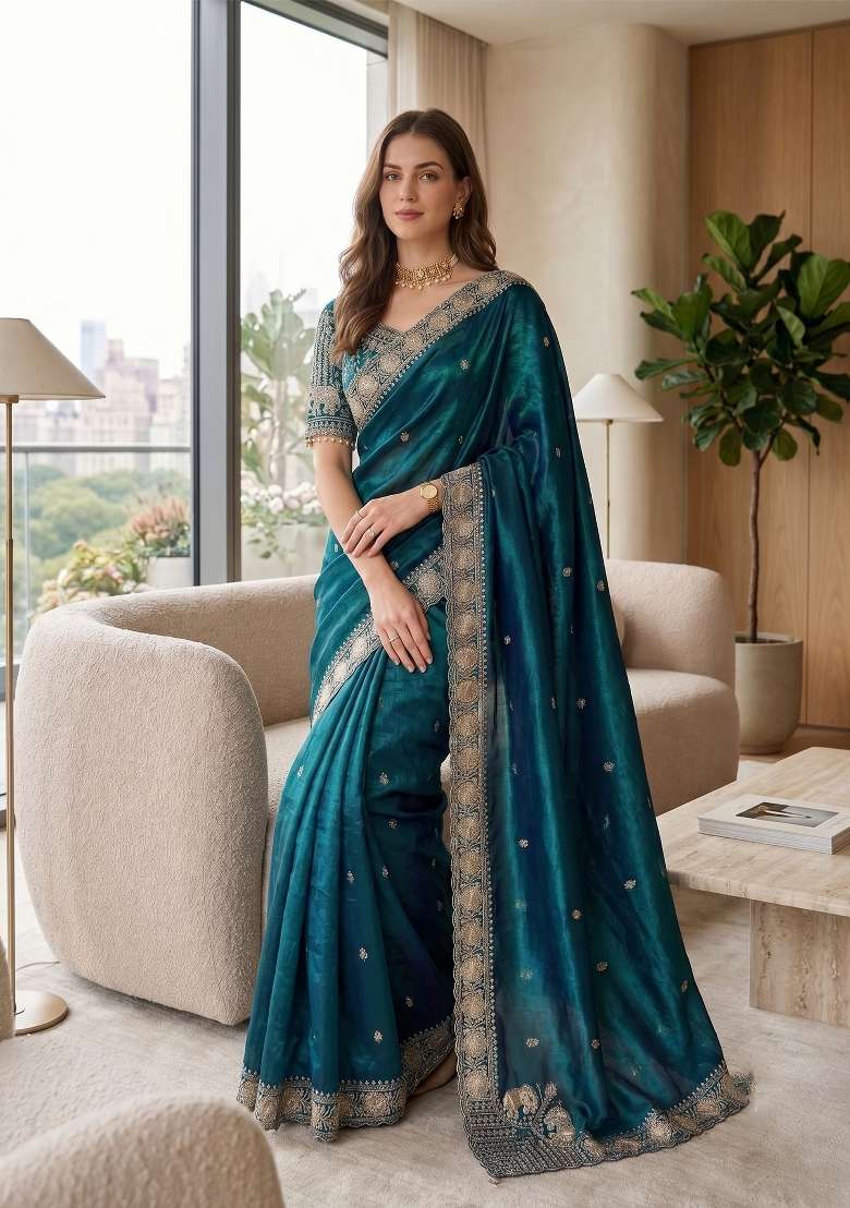 Teal Blue Butta Work Satin Saree Set - Indya