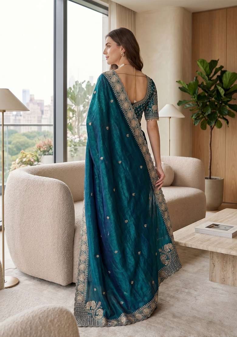 Teal Blue Butta Work Satin Saree Set - Indya