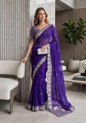 Royal Blue Butta Work Satin Saree Set