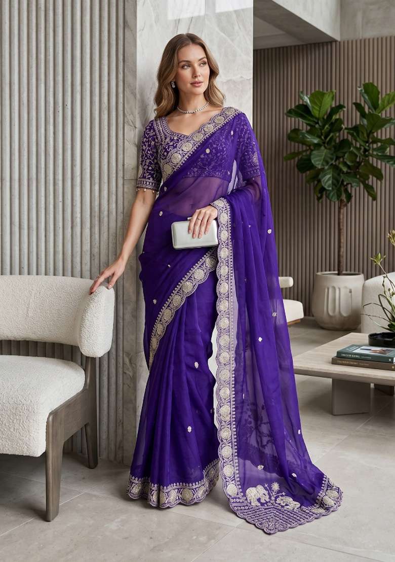 Royal Blue Butta Work Satin Saree Set - Indya