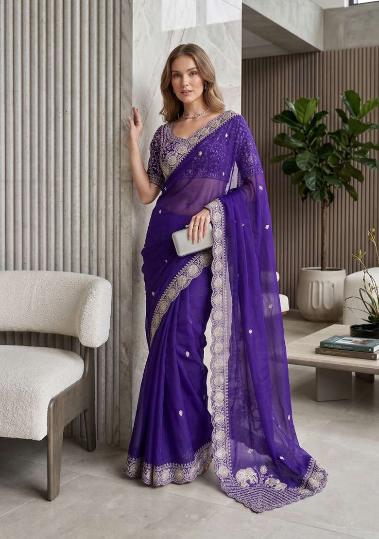 Royal Blue Butta Work Satin Saree Set - Indya