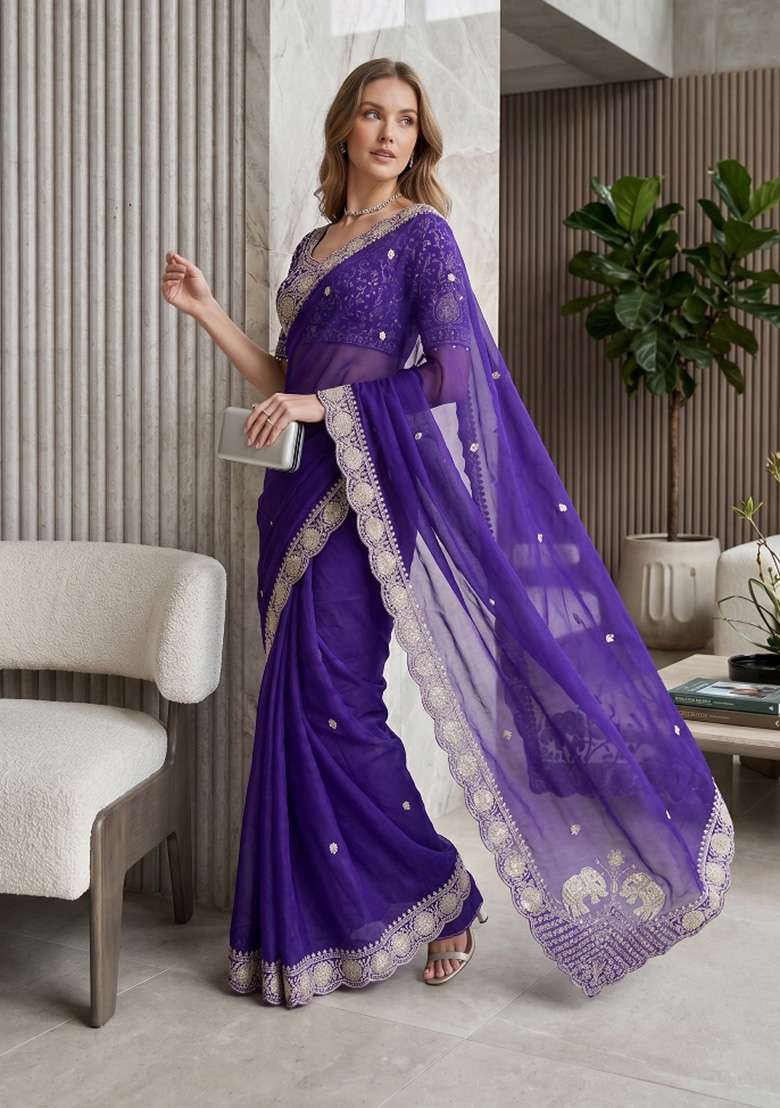 Royal Blue Butta Work Satin Saree Set - Indya