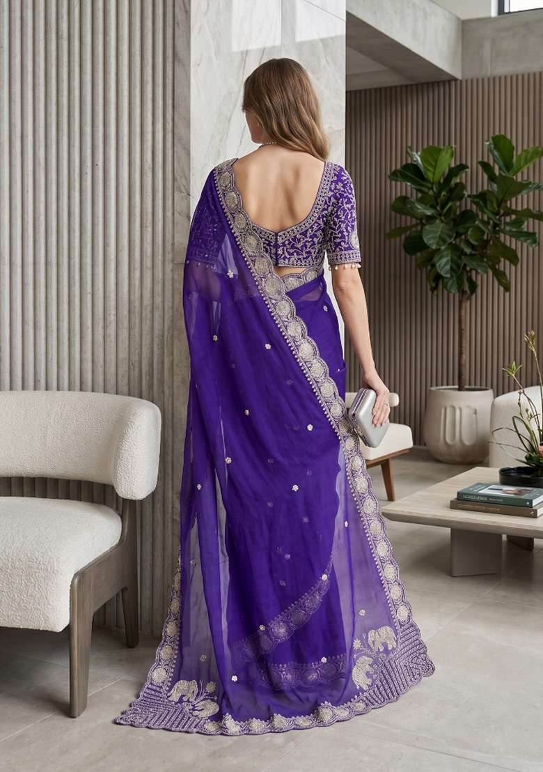 Royal Blue Butta Work Satin Saree Set - Indya