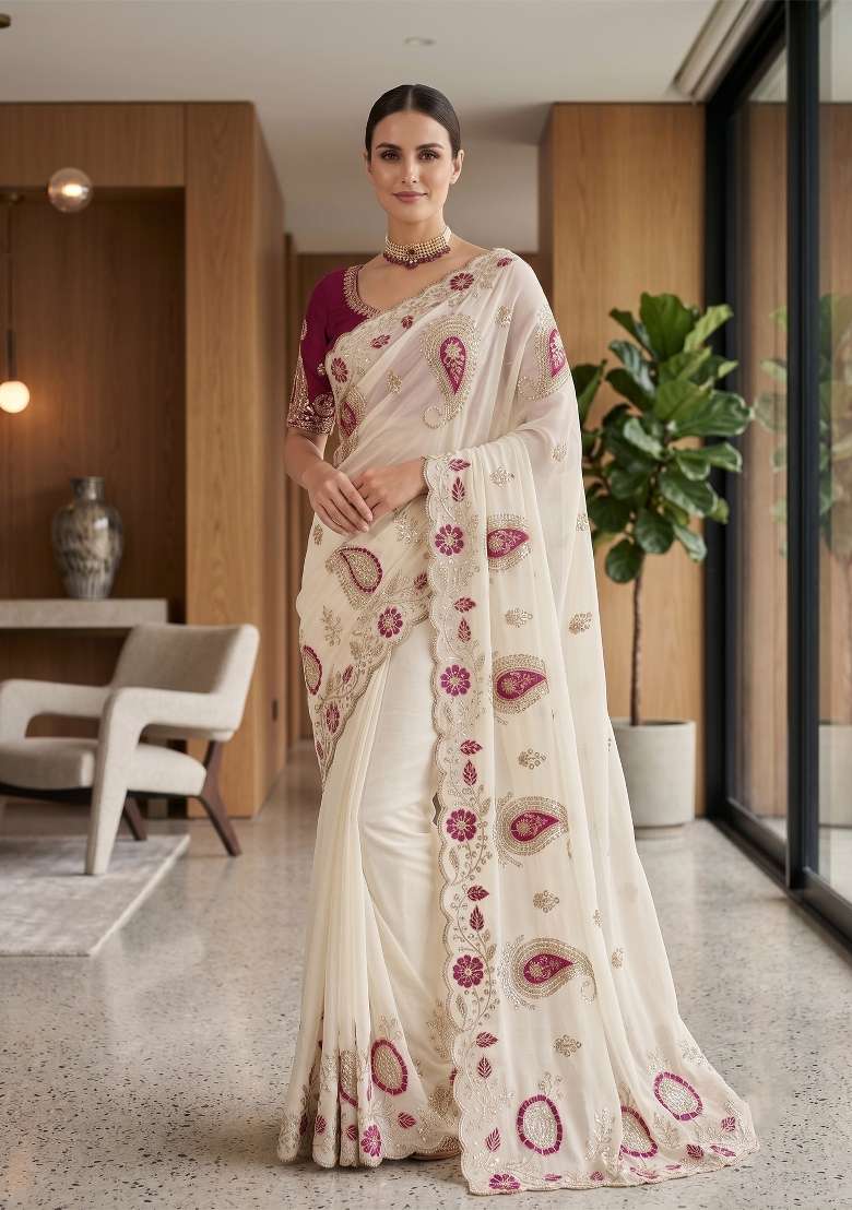 White Paisley Georgette Saree Set - Indya