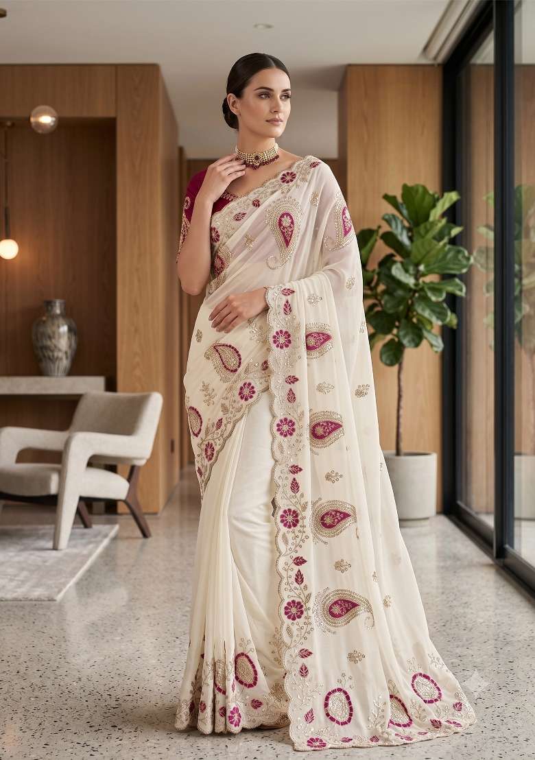 White Paisley Georgette Saree Set - Indya
