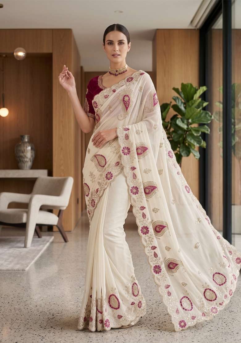 White Paisley Georgette Saree Set - Indya