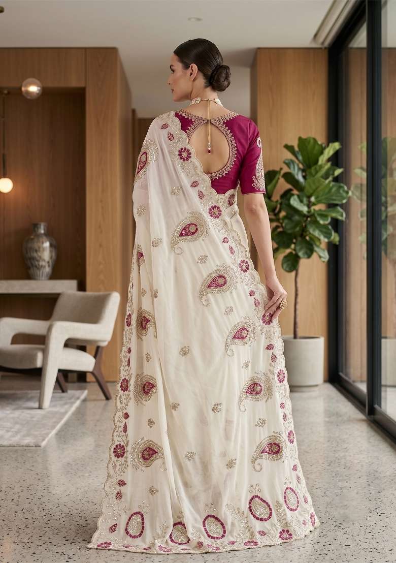 White Paisley Georgette Saree Set - Indya