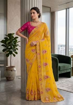 Mustard Paisley Georgette Saree Set