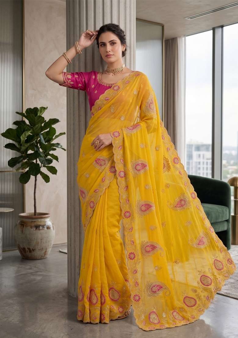 Mustard Paisley Georgette Saree Set - Indya