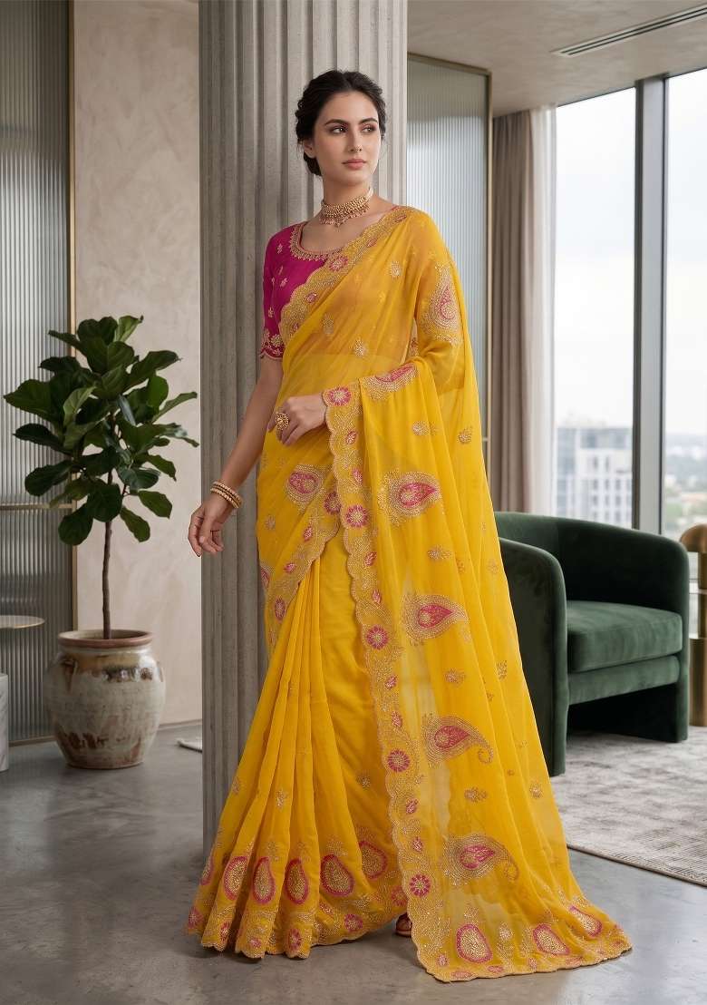 Mustard Paisley Georgette Saree Set - Indya