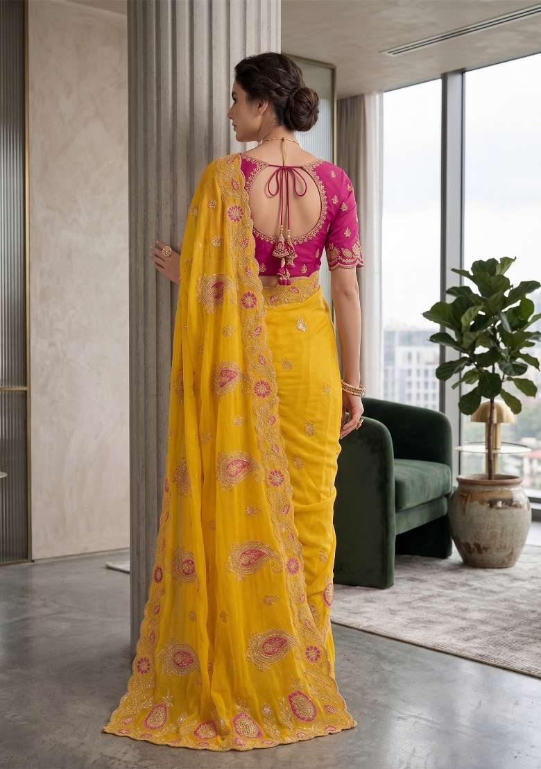 Mustard Paisley Georgette Saree Set - Indya