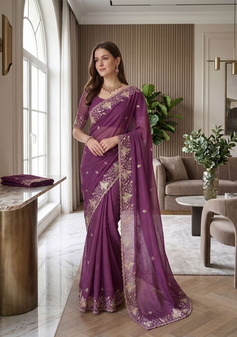 Lavender Butta Work Georgette Saree Set - Indya
