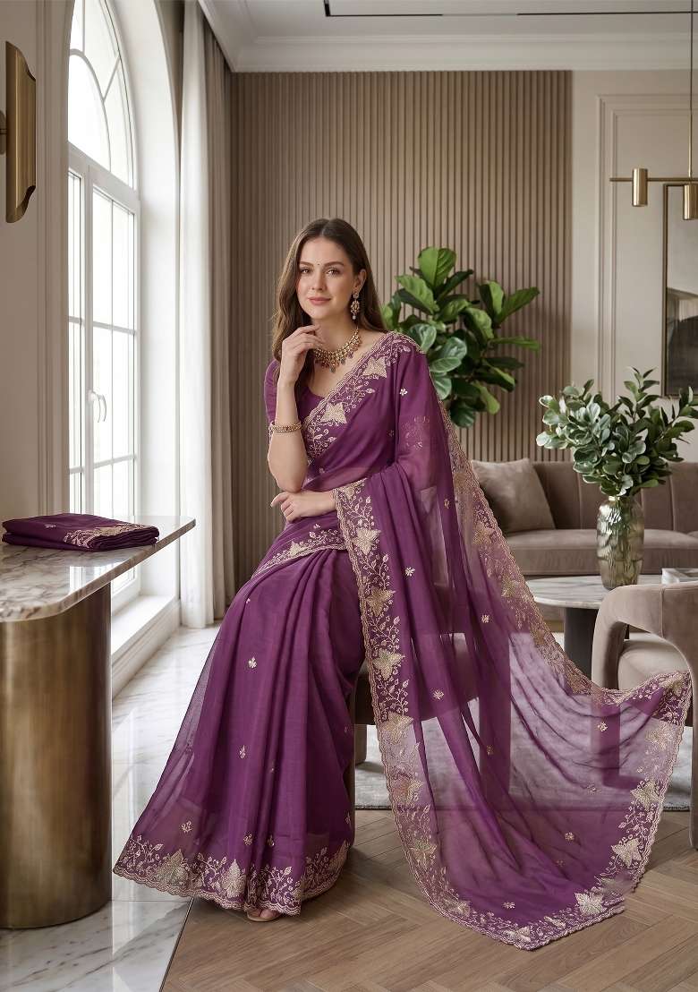 Lavender Butta Work Georgette Saree Set - Indya
