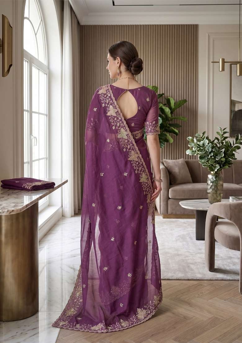 Lavender Butta Work Georgette Saree Set - Indya