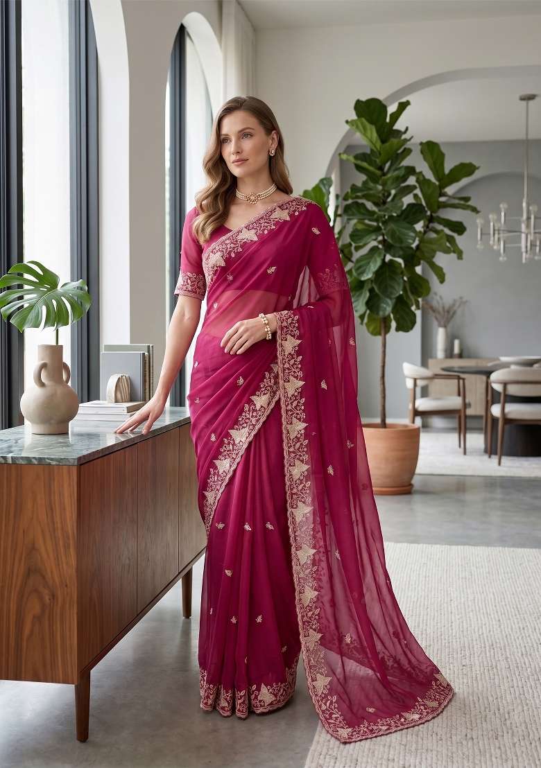 Gajari Butta Work Georgette Saree Set - Indya