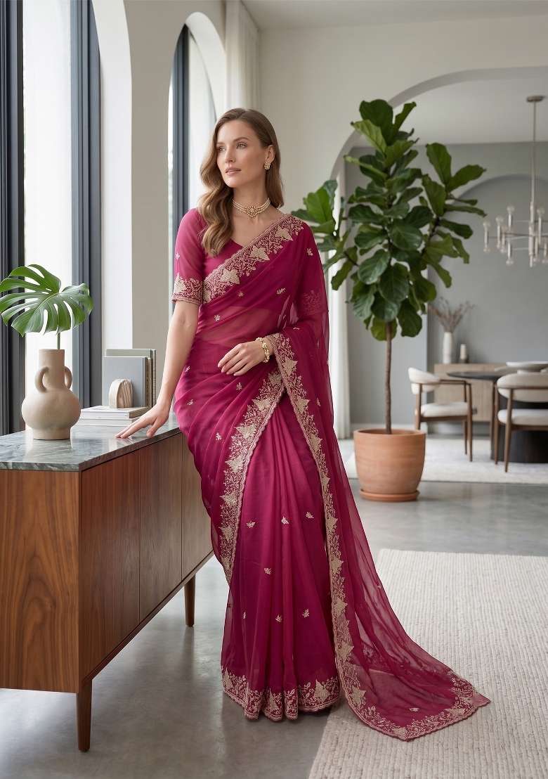 Gajari Butta Work Georgette Saree Set - Indya