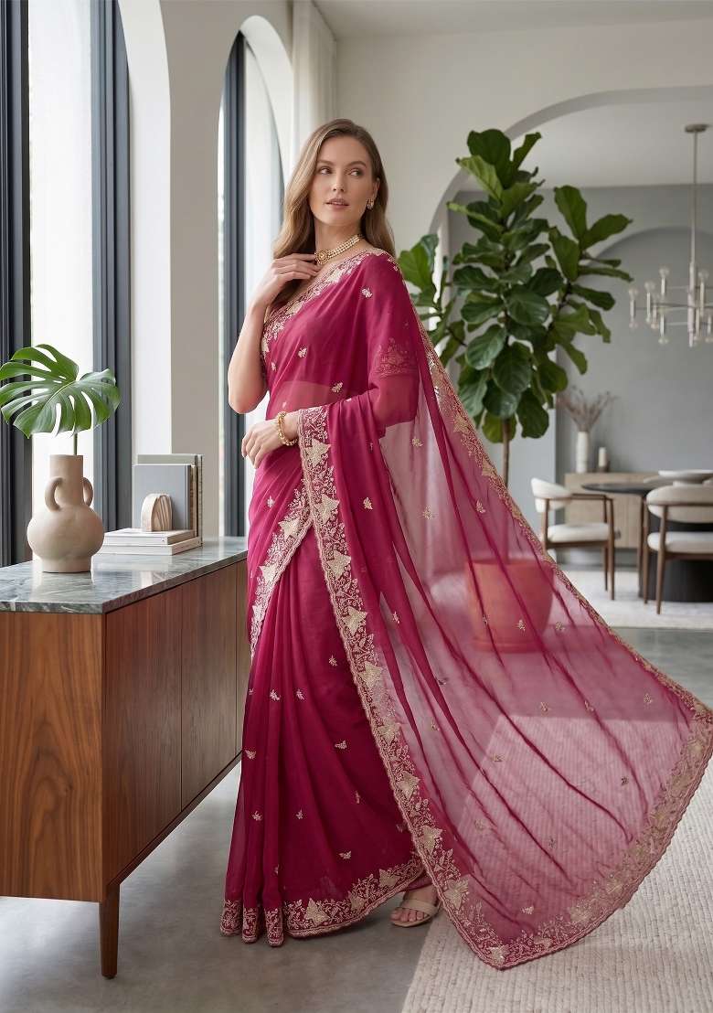 Gajari Butta Work Georgette Saree Set - Indya