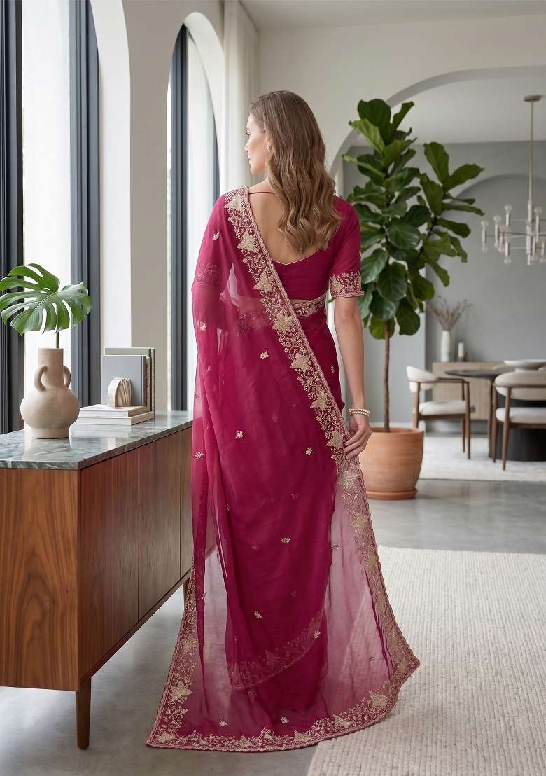 Gajari Butta Work Georgette Saree Set - Indya