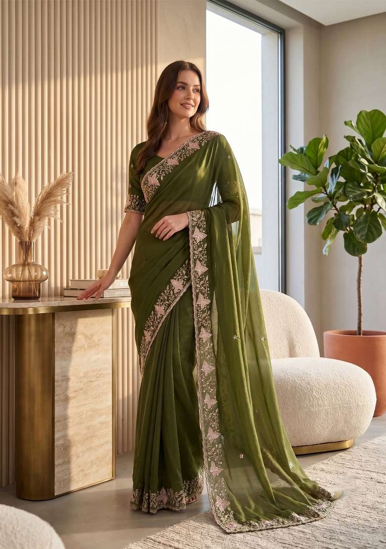 Mehendi Green Butta Work Georgette Saree Set - Indya