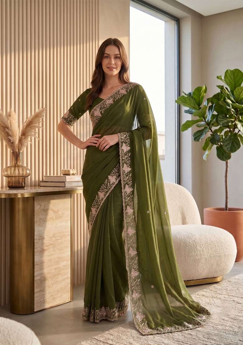 Mehendi Green Butta Work Georgette Saree Set - Indya