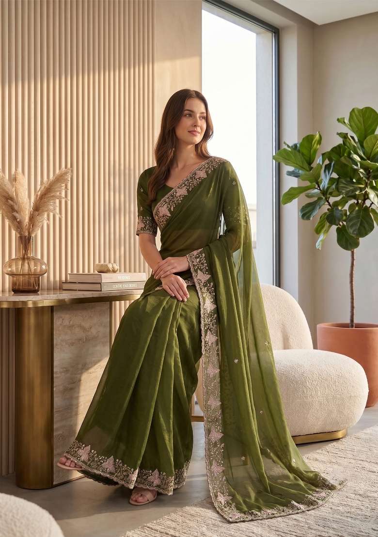 Mehendi Green Butta Work Georgette Saree Set - Indya