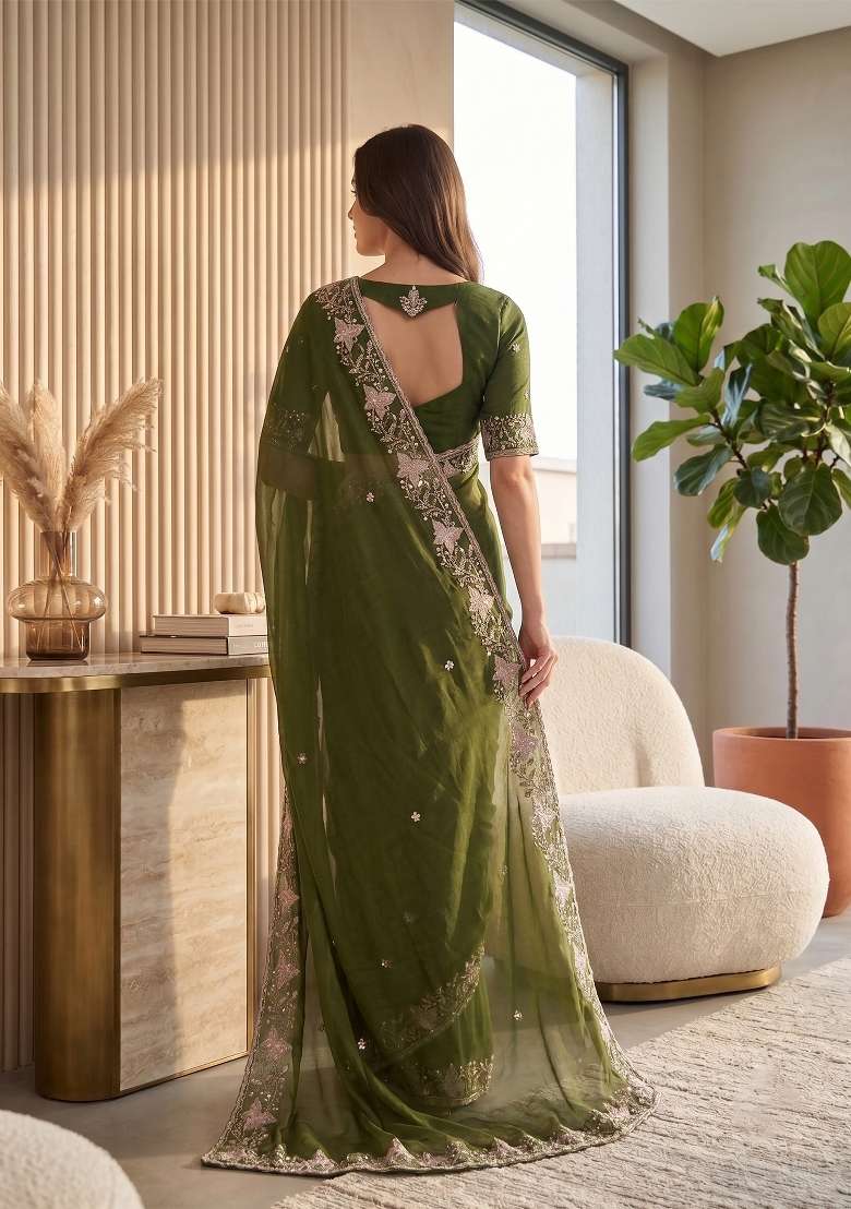 Mehendi Green Butta Work Georgette Saree Set - Indya