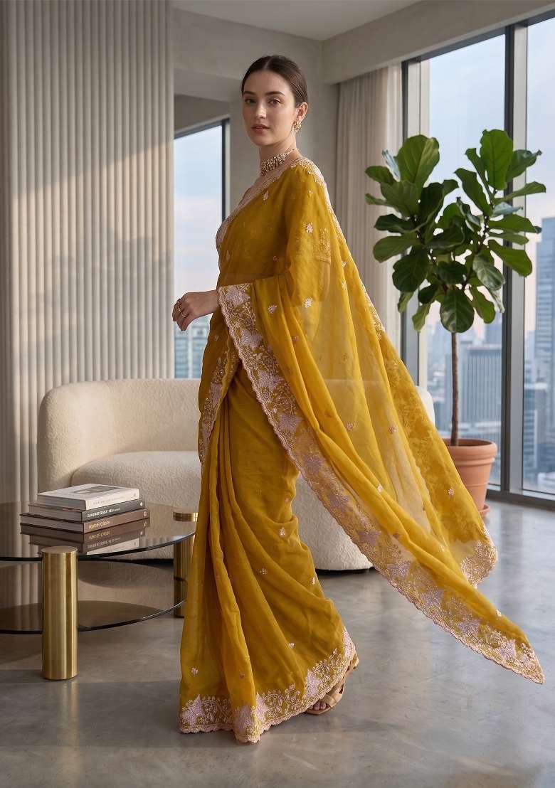 Mustard Butta Work Georgette Saree Set - Indya