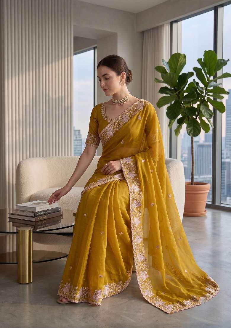 Mustard Butta Work Georgette Saree Set - Indya
