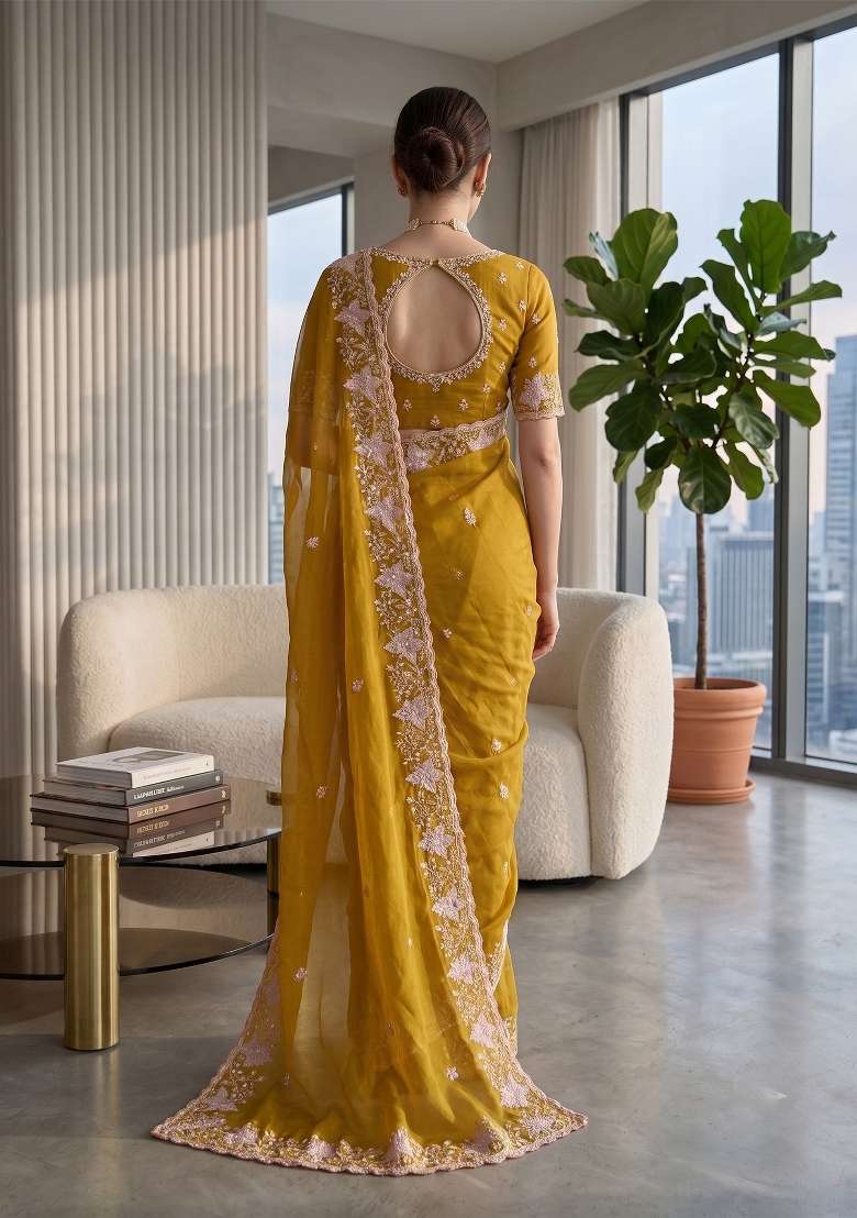 Mustard Butta Work Georgette Saree Set - Indya