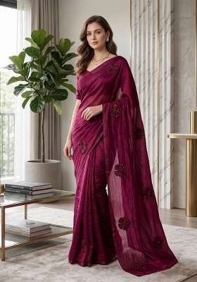 Maroon Floral Print Georgette Saree Set