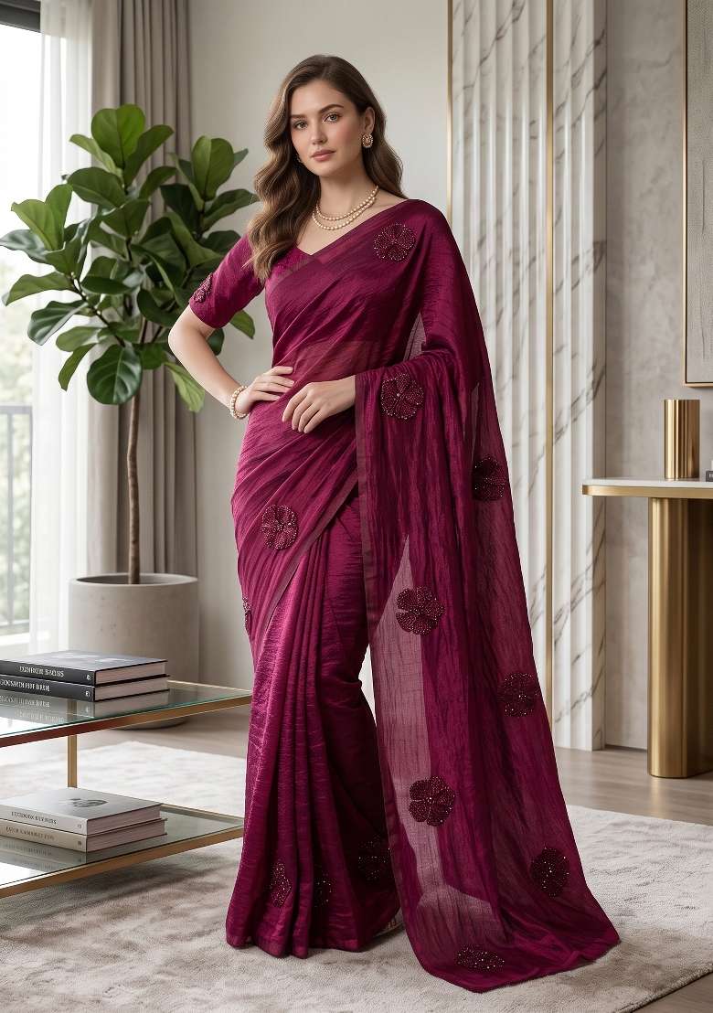 Maroon Floral Print Georgette Saree Set - Indya