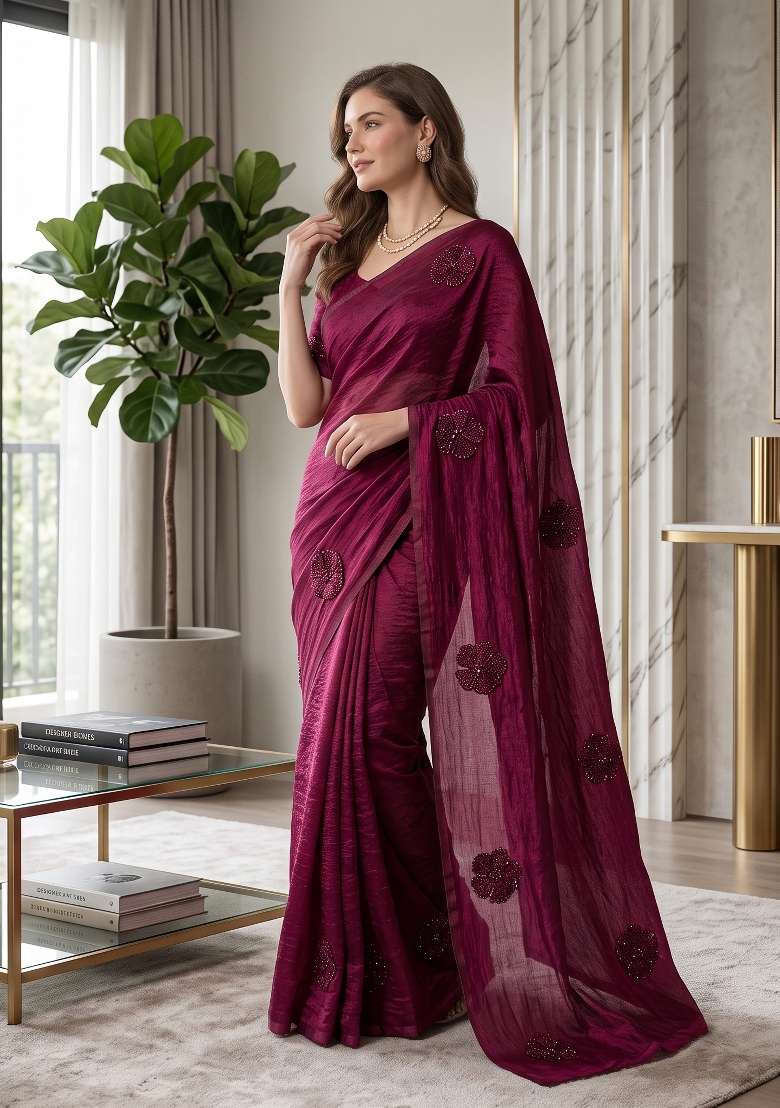 Maroon Floral Print Georgette Saree Set - Indya