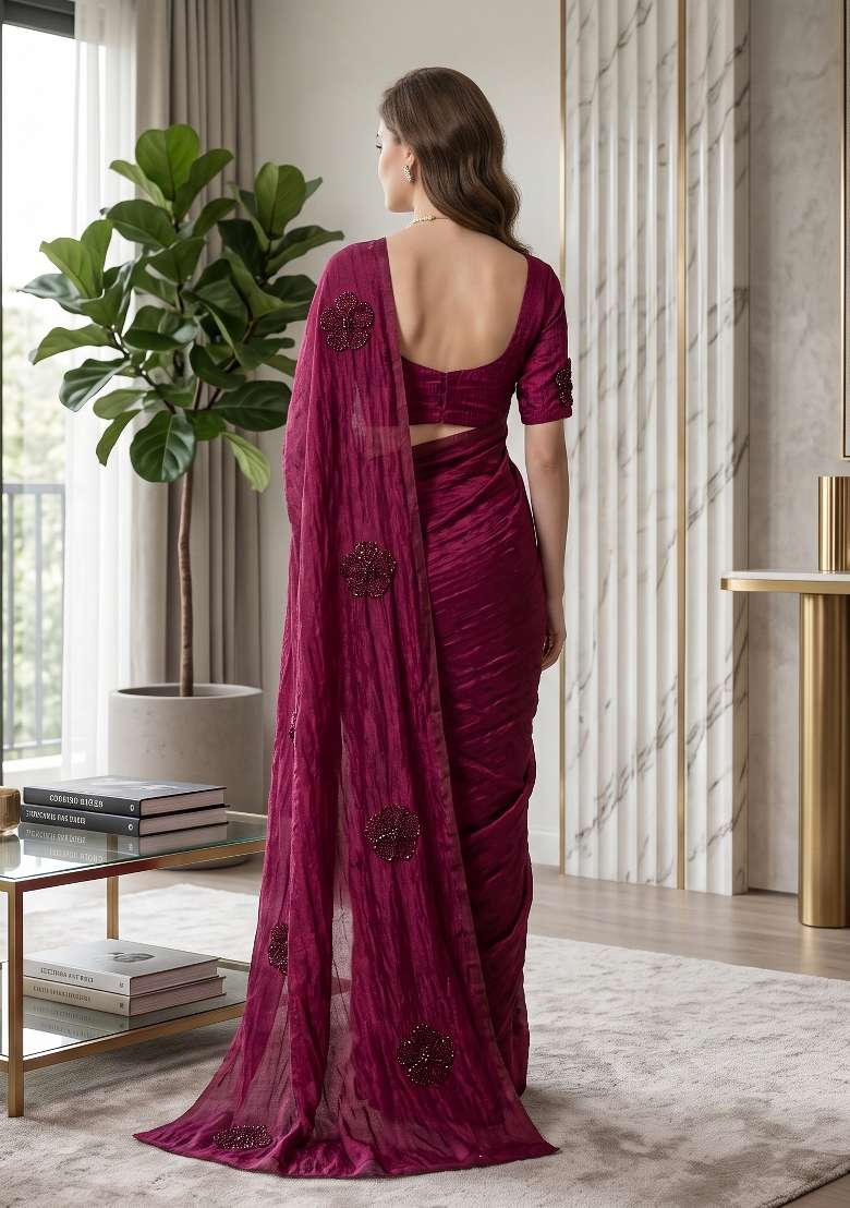 Maroon Floral Print Georgette Saree Set - Indya