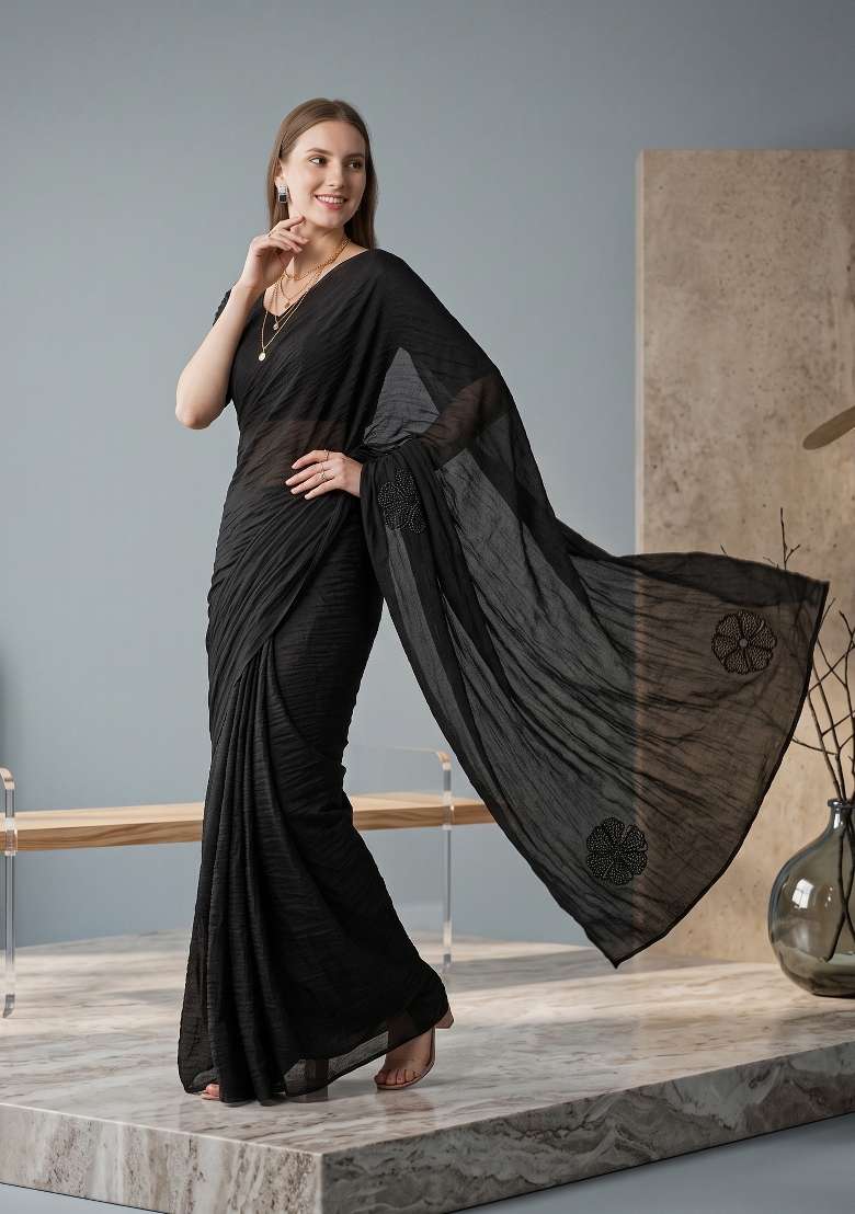 Black Floral Print Georgette Saree Set - Indya