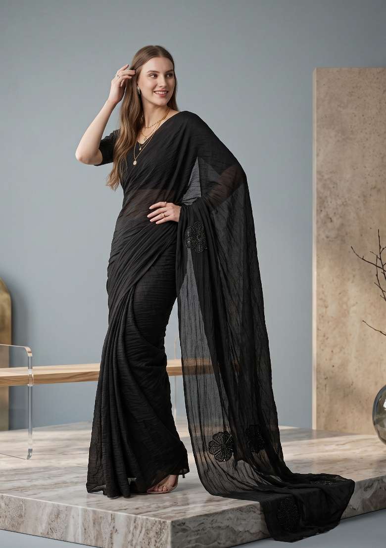 Black Floral Print Georgette Saree Set - Indya
