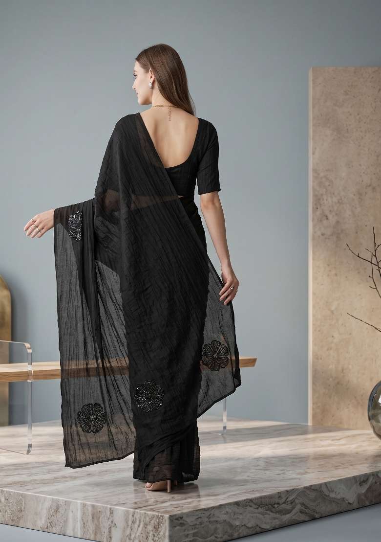 Black Floral Print Georgette Saree Set - Indya