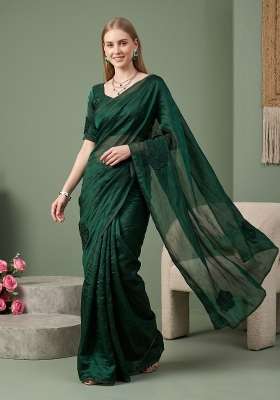 Dark Green Floral Print Georgette Saree Set