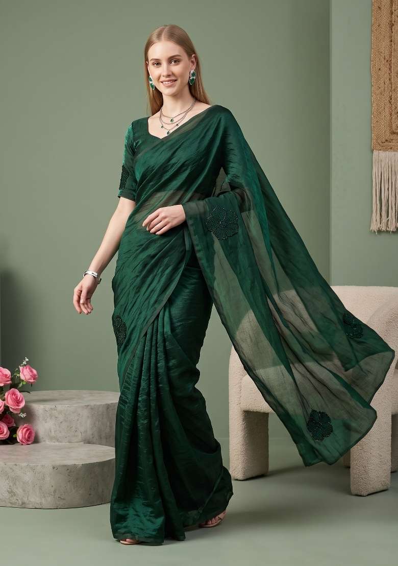 Dark Green Floral Print Georgette Saree Set - Indya