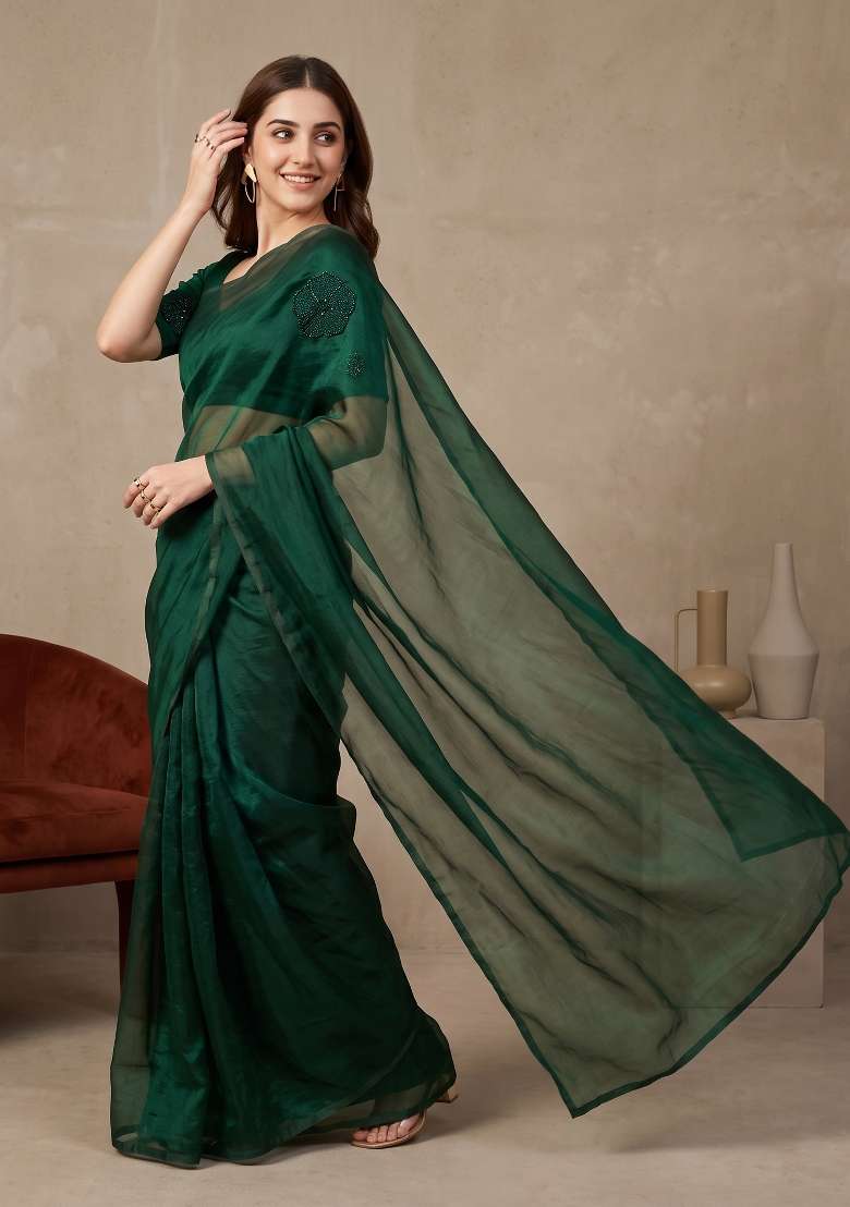 Dark Green Floral Print Georgette Saree Set - Indya