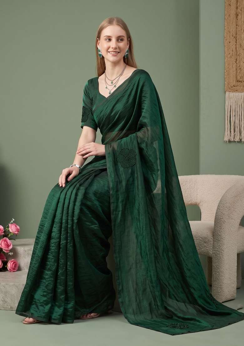 Dark Green Floral Print Georgette Saree Set - Indya