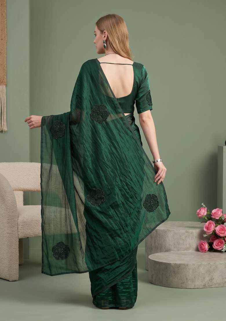 Dark Green Floral Print Georgette Saree Set - Indya