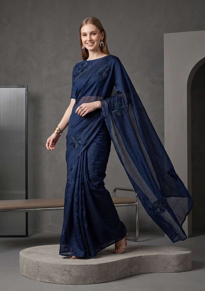Navy Blue Floral Print Georgette Saree Set - Indya