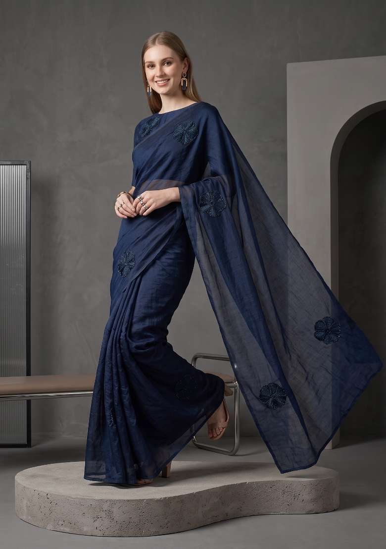 Navy Blue Floral Print Georgette Saree Set - Indya