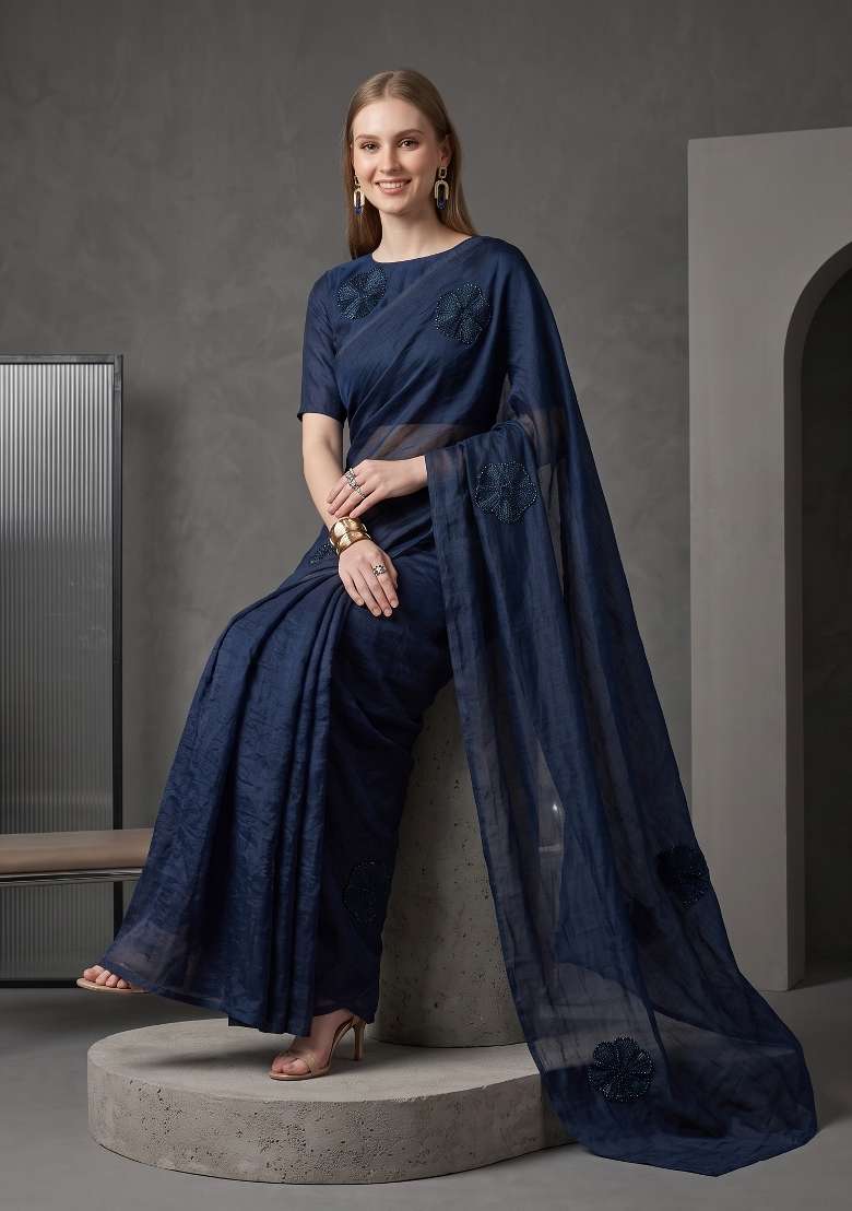 Navy Blue Floral Print Georgette Saree Set - Indya