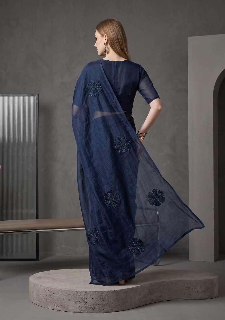 Navy Blue Floral Print Georgette Saree Set - Indya