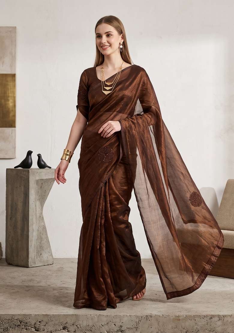 Brown Floral Print Georgette Saree Set - Indya