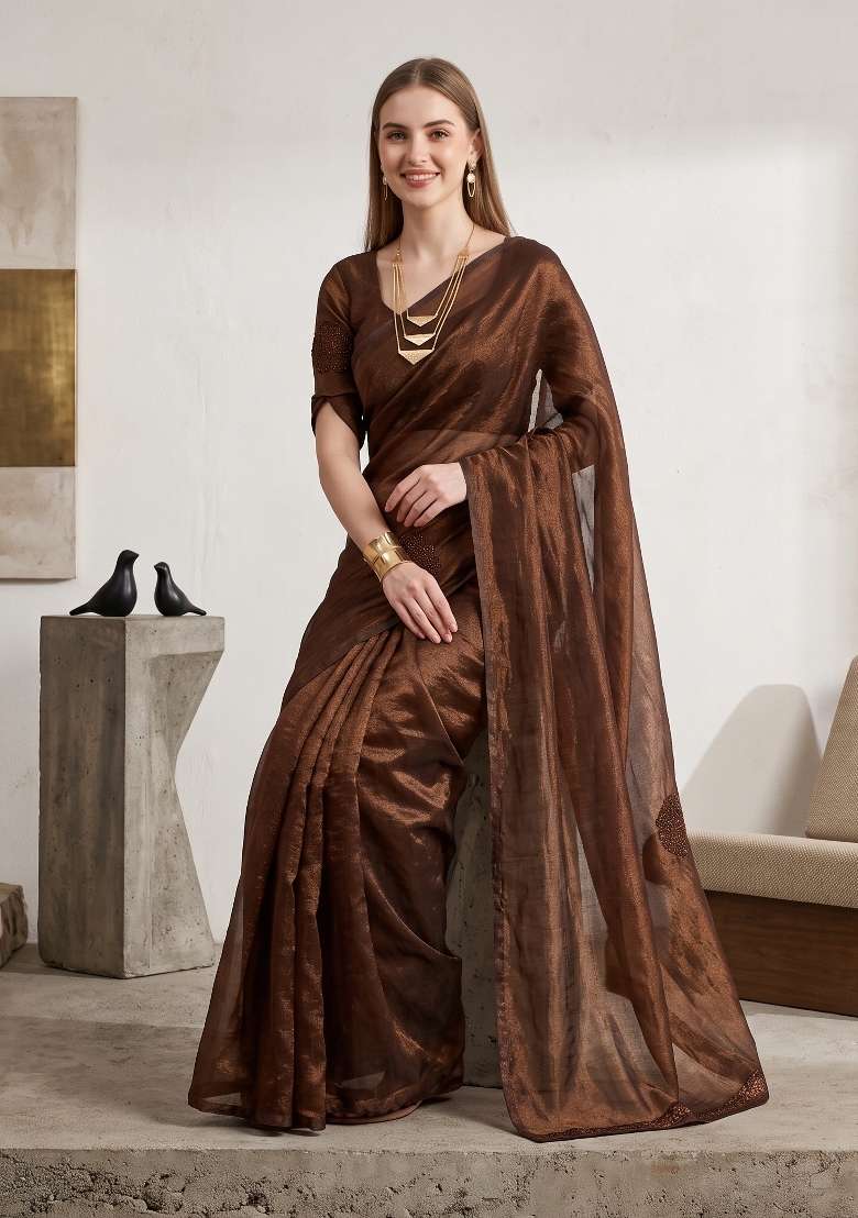 Brown Floral Print Georgette Saree Set - Indya
