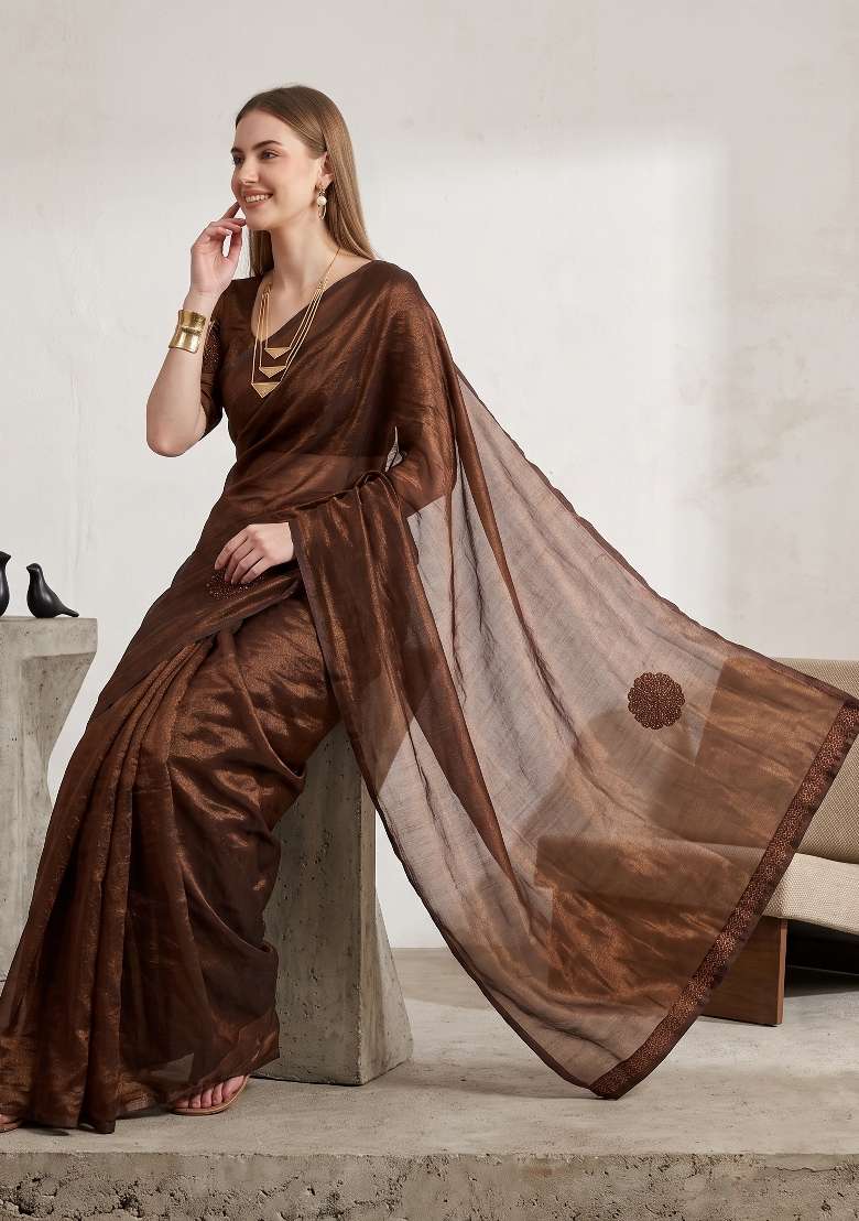 Brown Floral Print Georgette Saree Set - Indya